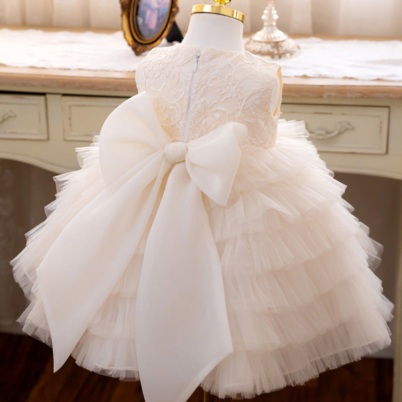 White A-Line Flower Girl Dress with Lace, Bow & Tulle for Weddings, Baptism, Communion