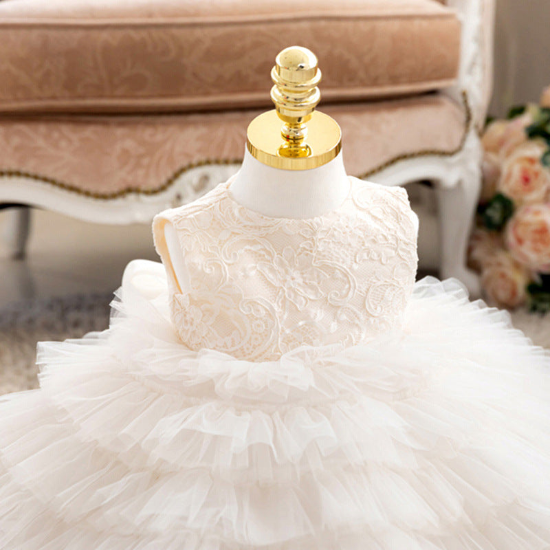 White A-Line Flower Girl Dress with Lace, Bow & Tulle for Weddings, Baptism, Communion
