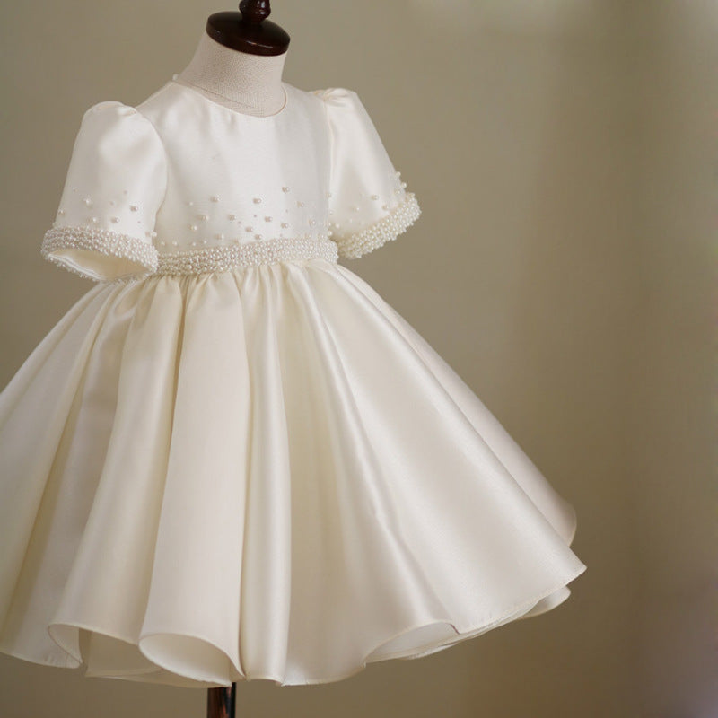White Satin Flower Girl Party Dress with Sequins – Toddler to Preteen