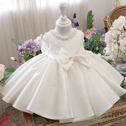 White Beaded Bowknot Princess Dress for Girls | Flower Girl & Party Wear