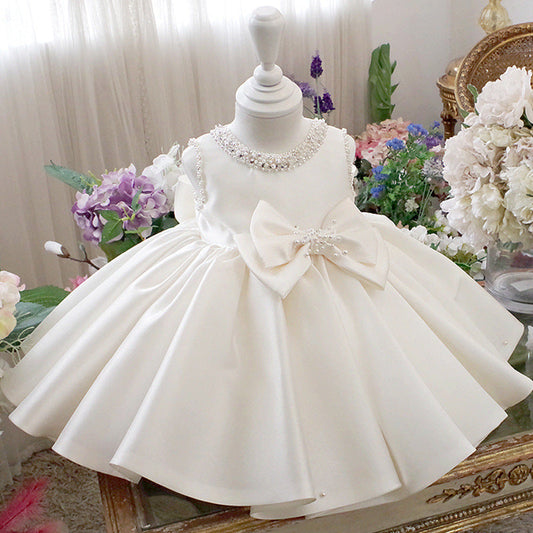 White Beaded Bowknot Princess Dress for Girls | Flower Girl & Party Wear