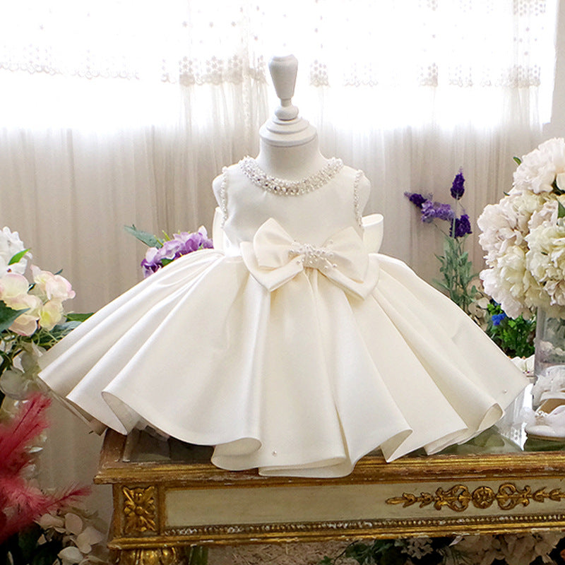 White Beaded Bowknot Princess Dress for Girls | Flower Girl & Party Wear