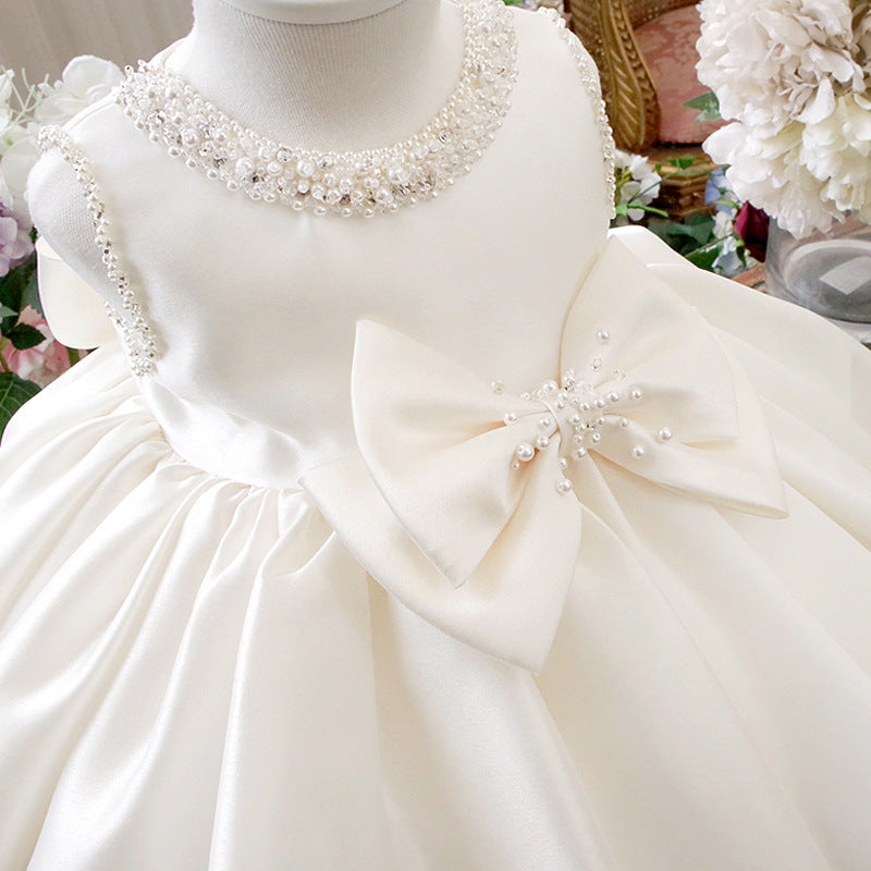 White Beaded Bowknot Princess Dress for Girls | Flower Girl & Party Wear