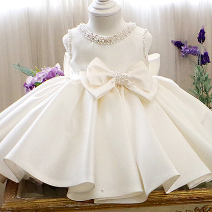 White Beaded Bowknot Princess Dress for Girls | Flower Girl & Party Wear