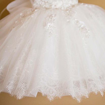 White Tulle Flower Girl Dress with Lace & Bow – Kids Party & Baptism Dress
