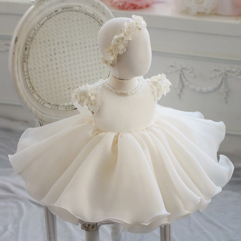 White Flower Girl Dress - Tiered Organza with Sequins & Flowers