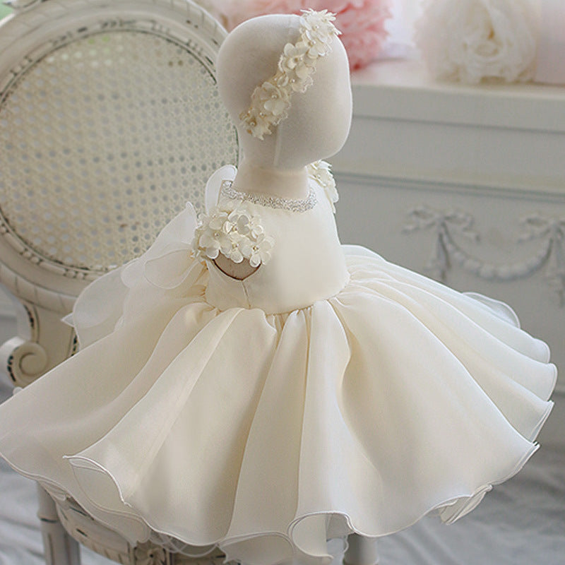 White Flower Girl Dress - Tiered Organza with Sequins & Flowers