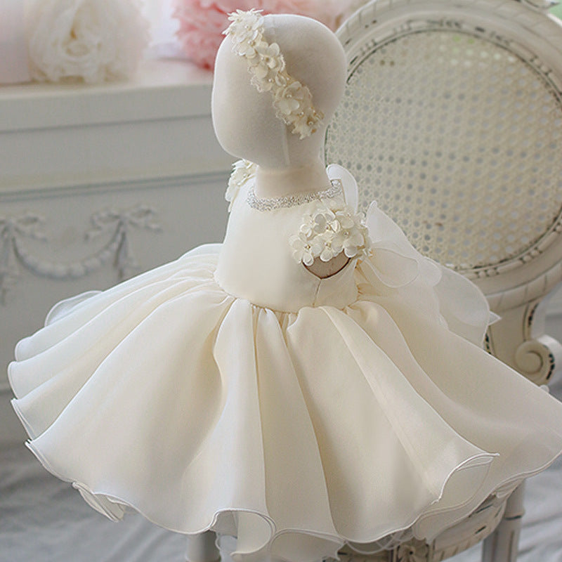 White Flower Girl Dress - Tiered Organza with Sequins & Flowers