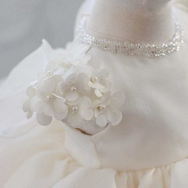 White Flower Girl Dress - Tiered Organza with Sequins & Flowers