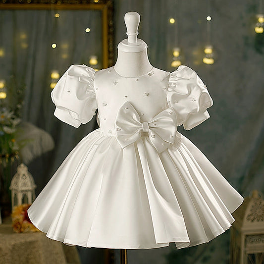 White Satin Princess Flower Girl Dress – Bow & Sequin A-Line Kids Party Dress