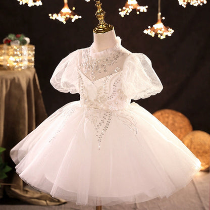 White Puffy Flower Girl Dress – Illusion Neck Tulle Party Gown for Kids