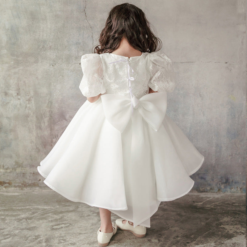 White Puffy Princess Lace Flower Girl Dress | Tea Length Party Dress for Babies & Kids