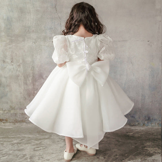 White Puffy Princess Lace Flower Girl Dress | Tea Length Party Dress for Babies & Kids