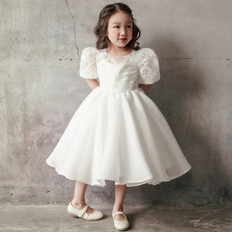 White Puffy Princess Lace Flower Girl Dress | Tea Length Party Dress for Babies & Kids