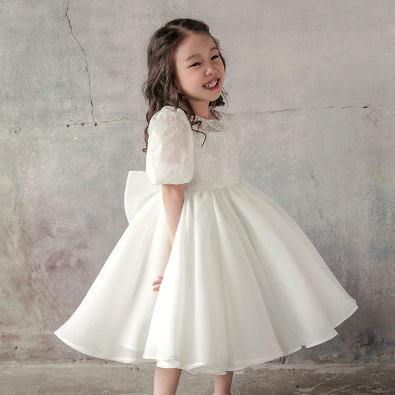 White Puffy Princess Lace Flower Girl Dress | Tea Length Party Dress for Babies & Kids