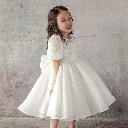 White Puffy Princess Lace Flower Girl Dress | Tea Length Party Dress for Babies & Kids