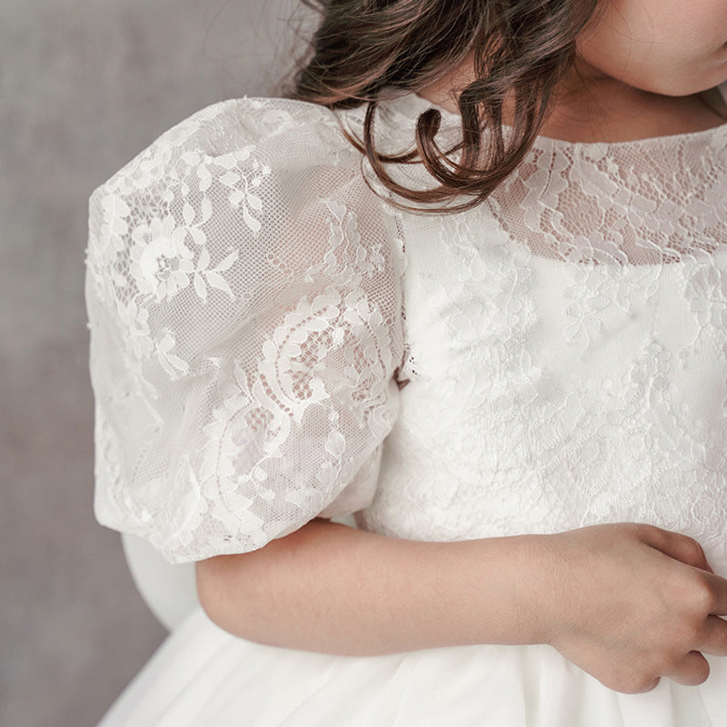 White Puffy Princess Lace Flower Girl Dress | Tea Length Party Dress for Babies & Kids
