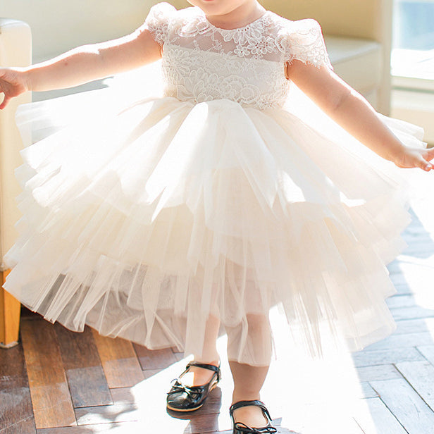 White Lace Tiered Princess Dress for Girls | Flower Girl & Party Dress