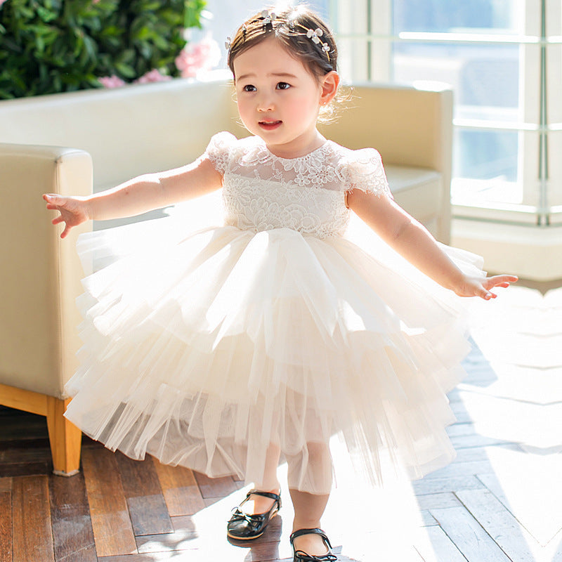 White Lace Tiered Princess Dress for Girls | Flower Girl & Party Dress