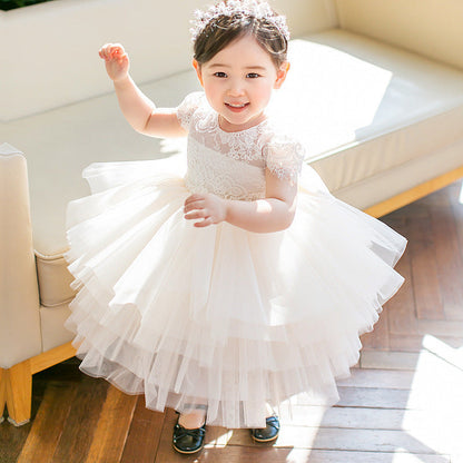 White Lace Tiered Princess Dress for Girls | Flower Girl & Party Dress