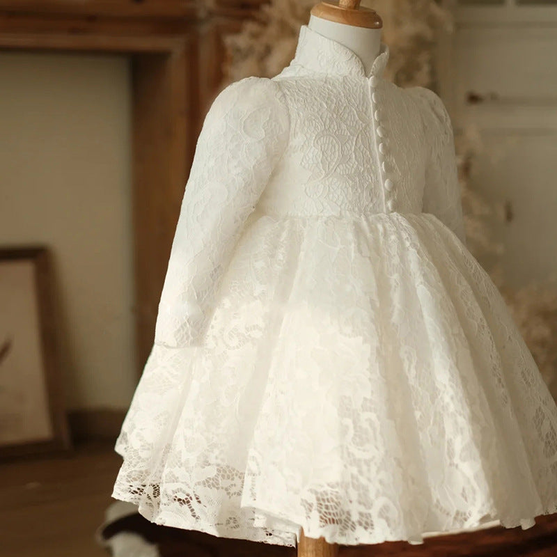 White Lace Princess Dress for Girls | Long Sleeve A-Line Knee Length