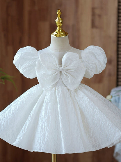 White Puffy Ball Gown Flower Girl Dress with Bow & Ruffles – Princess Style for Party & Wedding