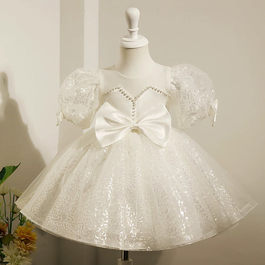 White Puffy Princess Satin Flower Girl Dress with Sequins – Knee Length