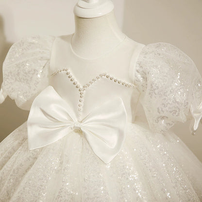 White Puffy Princess Satin Flower Girl Dress with Sequins – Knee Length