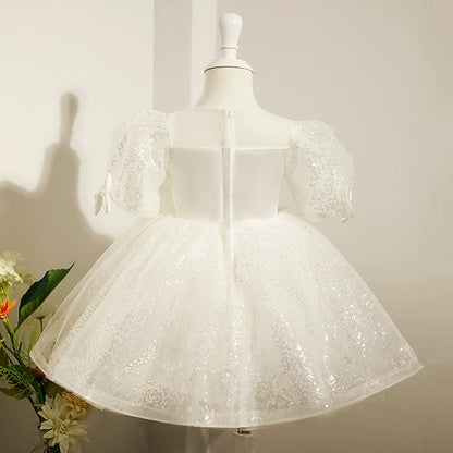 White Puffy Princess Satin Flower Girl Dress with Sequins – Knee Length
