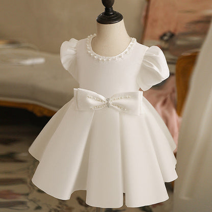 White Puff Sleeve Flower Girl Dress with Bow & Sequins for Toddlers