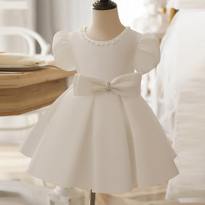 White Puff Sleeve Flower Girl Dress with Bow & Sequins for Toddlers