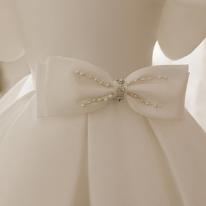 White Puff Sleeve Flower Girl Dress with Bow & Sequins for Toddlers
