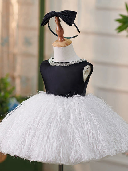 White Puffy Flower Girl Dress with Sequins, Bow, and Fringe - Princess Party Dress