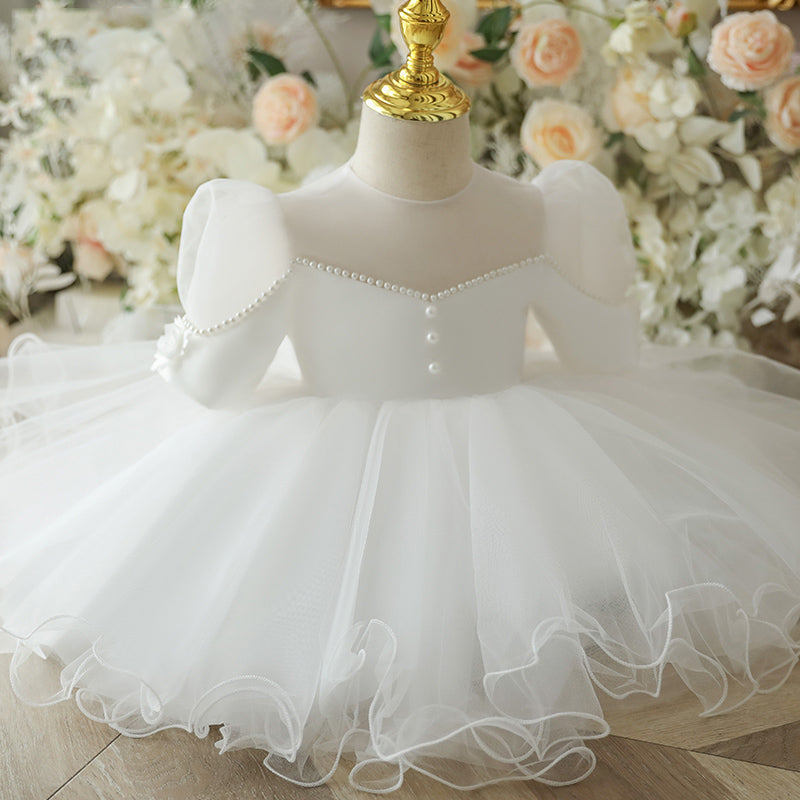 White Puffy Bow Flower Girl & Princess Dress – Elegant A-line Tulle for Kids