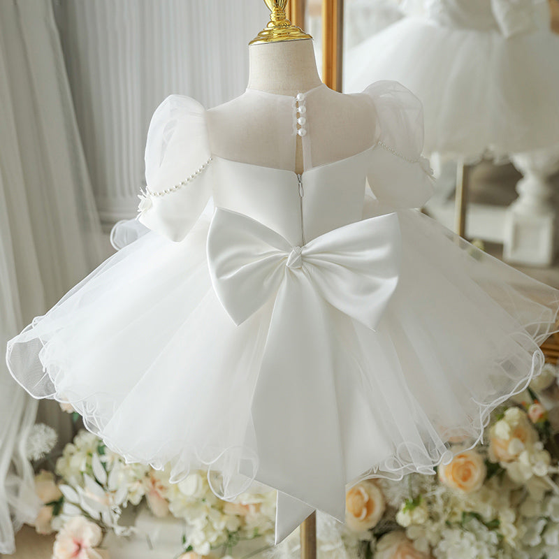 White Puffy Bow Flower Girl & Princess Dress – Elegant A-line Tulle for Kids