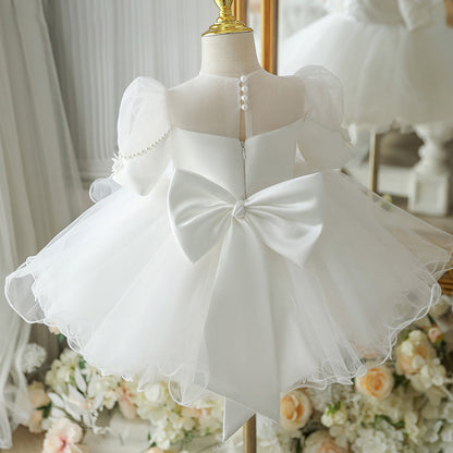 White Puffy Bow Flower Girl & Princess Dress – Elegant A-line Tulle for Kids