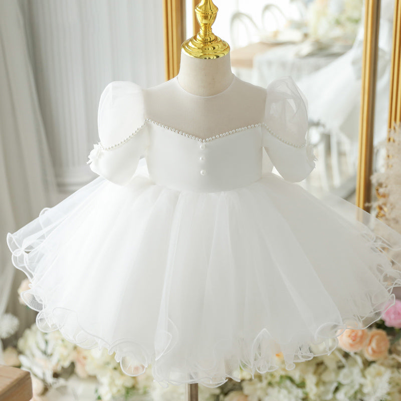 White Puffy Bow Flower Girl & Princess Dress – Elegant A-line Tulle for Kids