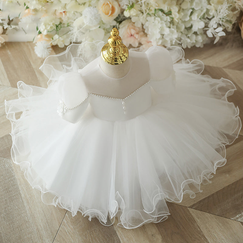 White Puffy Bow Flower Girl & Princess Dress – Elegant A-line Tulle for Kids