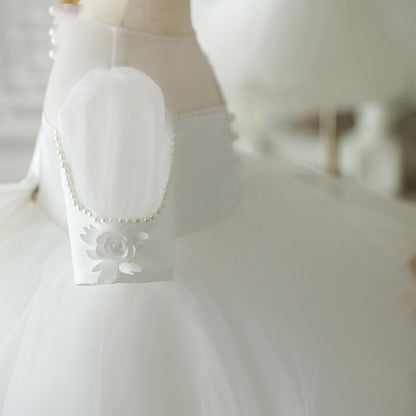 White Puffy Bow Flower Girl & Princess Dress – Elegant A-line Tulle for Kids