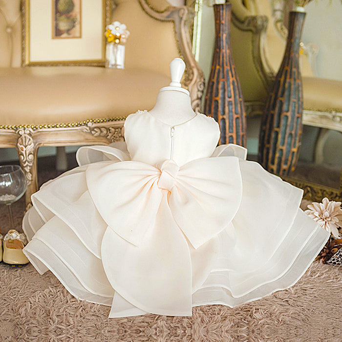 Puffy White Flower Girl Dress with Bow & Sequins for Parties & Weddings