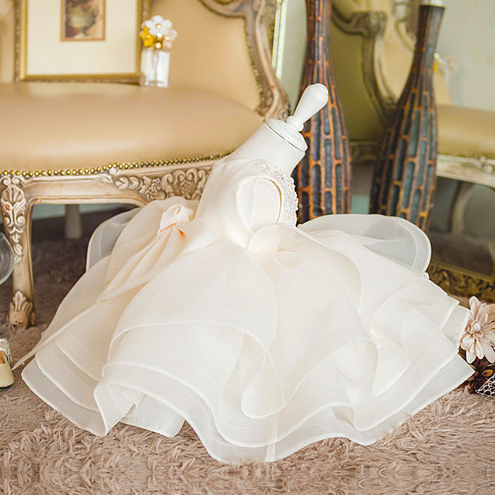 puffy white dress White Puffy Flower Girl Dress with Bow and Bead Embellishments - White / 18-24 Months (90cm)