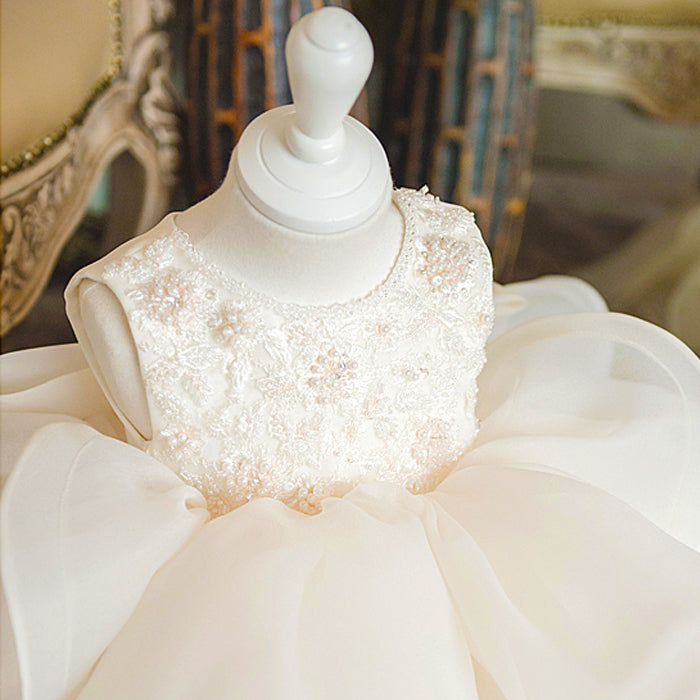 Puffy White Flower Girl Dress with Bow & Sequins for Parties & Weddings