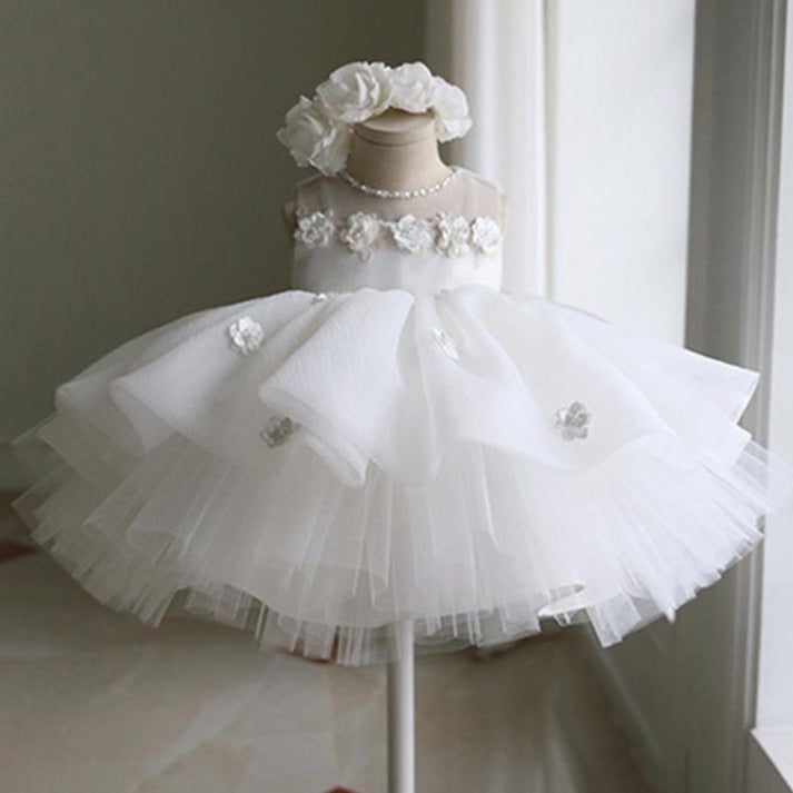 White Puffy Tulle Flower Girl Dress with Fabric Flowers – Toddler to Preteen