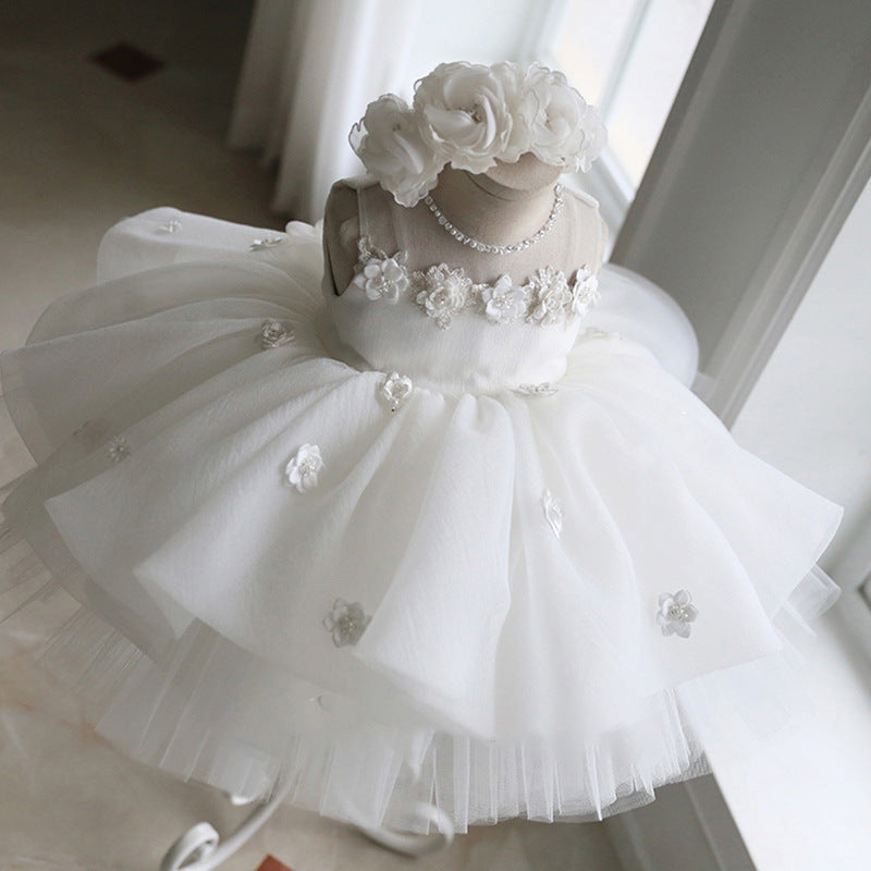 White Puffy Tulle Flower Girl Dress with Fabric Flowers – Toddler to Preteen