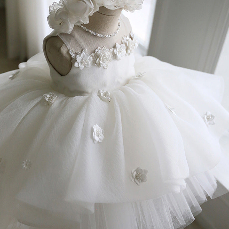 White Puffy Tulle Flower Girl Dress with Fabric Flowers – Toddler to Preteen