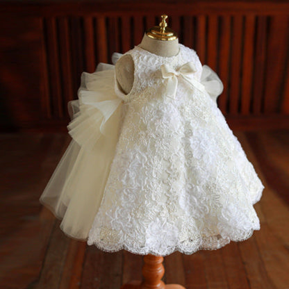 White Puffy Lace Princess Dress for Girls - Knee Length Party & Flower Girl Gown
