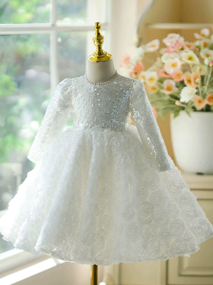 White Puffy Flower Girl Dress for Parties & Weddings | Bowknot & Sequin Details