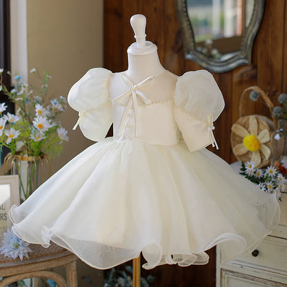 White Puffy Princess Ball Gown Flower Girl Dress | Satin & Organza