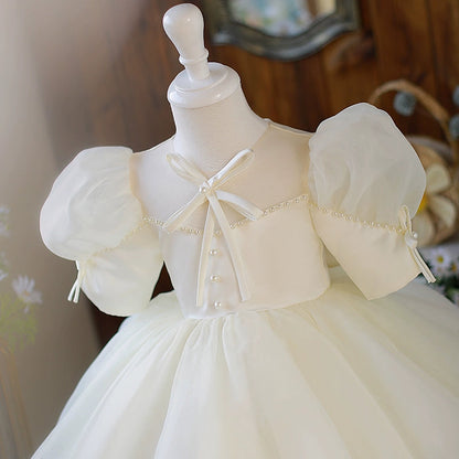 White Puffy Princess Ball Gown Flower Girl Dress | Satin & Organza