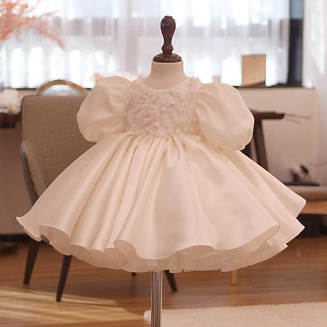 White A-Line Satin Puff Sleeve Princess Party Dress for Girls